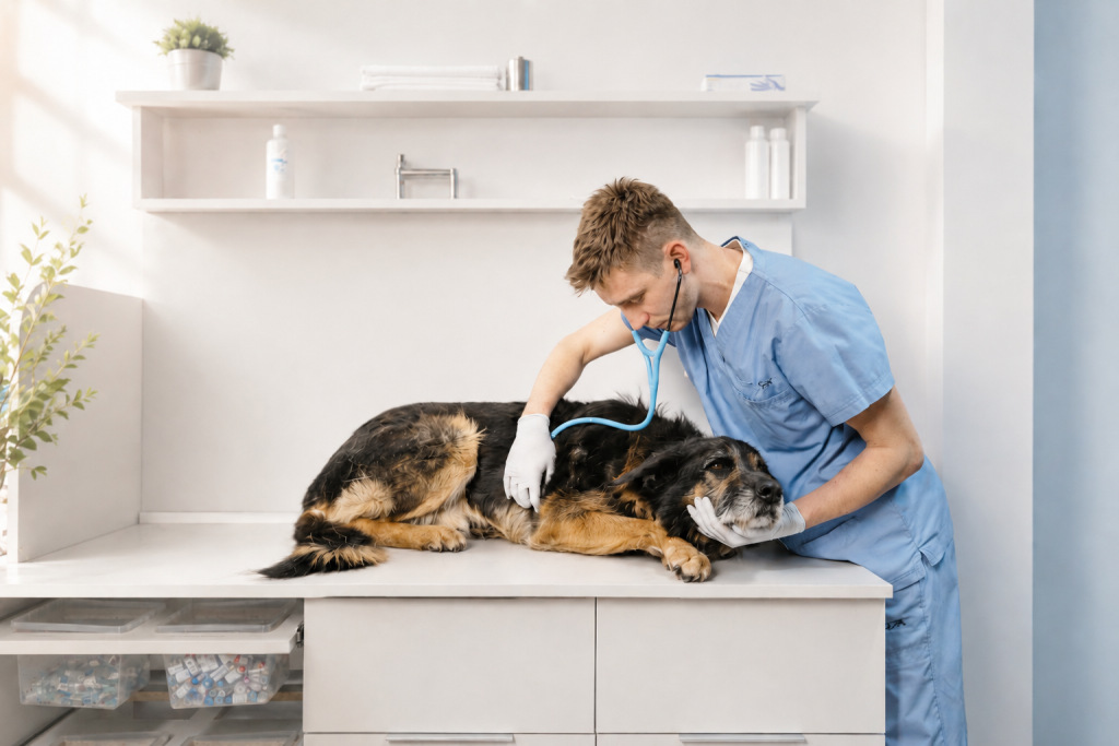 Hund wird abgehört vom Helfer, Vergiftung beim Hund erkennen: Was Hundehalter in Frechen bei Köln wissen sollten