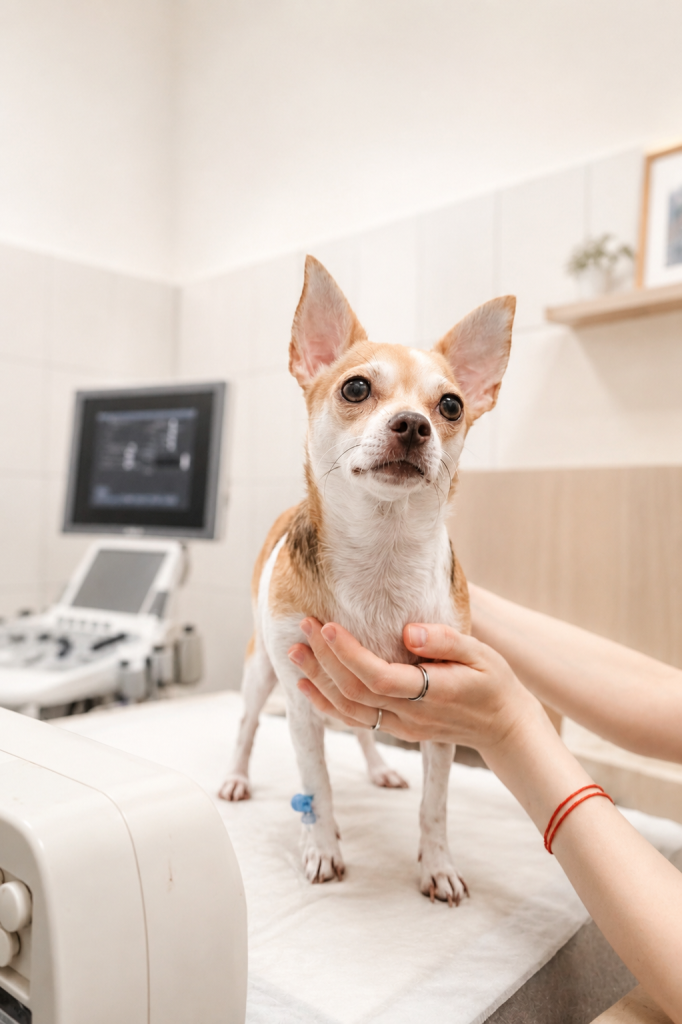 Kleiner Hund beim Tierarzt vor einem Ultraschallgerät schaut richtung Kamera, Ultraschall beim Hund in Frechen