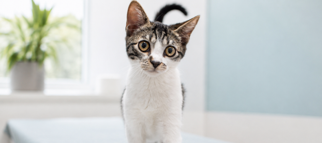 weiße Katze im Behandlungsrau, , Ultraschall bei Katzen in Frechen